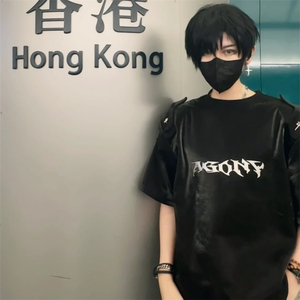 网络图 小众液态金属亮面垫肩短袖t恤男宽松夏季上衣潮 TA147图片