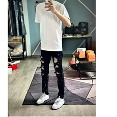 美式烫钻泼墨牛仔裤男士社会小伙水洗直筒休闲痞帅破洞裤长裤子潮，女装休闲裤，星座506A