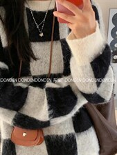 现货羊毛拉架拼色棋盘格毛衣，女装针织衫/毛衣，东町