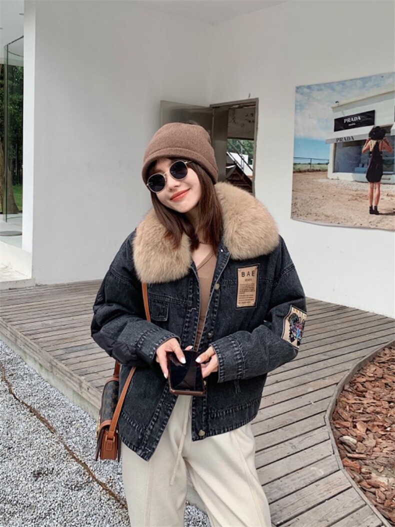 贴标牛仔羽绒外套狐狸毛领，其它，转角爱尚