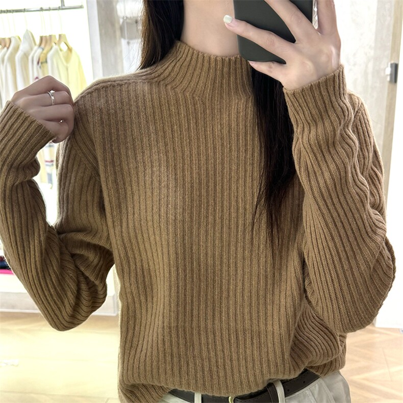 一线成衣坑条半高领女士,女装羊毛衫,朝思羊绒
