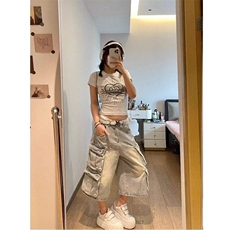 美式水洗多口袋牛仔七分裤男女cleanfit宽松情侣短裤WLN6040-P60，男装牛仔裤，星座1008