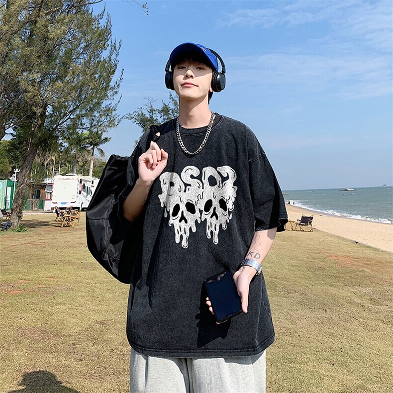 得物品质纯棉重磅水洗潮牌青少年宽松圆领短袖T恤B219-Y360-P35,男装T恤,电商B219