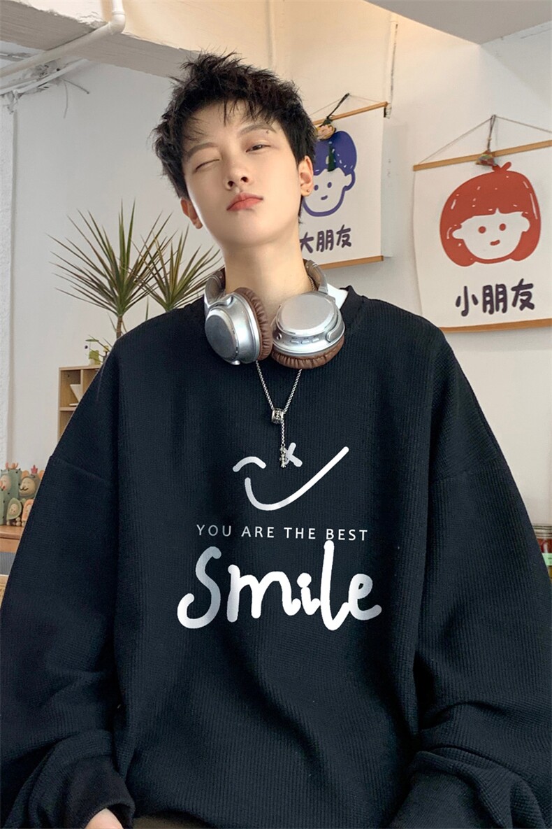 ！2023秋季男士华夫格圆领卫衣学生笑脸长袖T恤HWY01P28,男装卫衣,电商B220