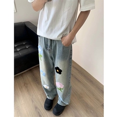 潮花朵刺绣牛仔裤男街头痞帅直筒裤子美式休闲长裤网络图，男装牛仔裤，星座410-7