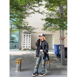 网络图现货皮夹克男女款拉链休闲宽松棒球服外套RJK8555-P85图片