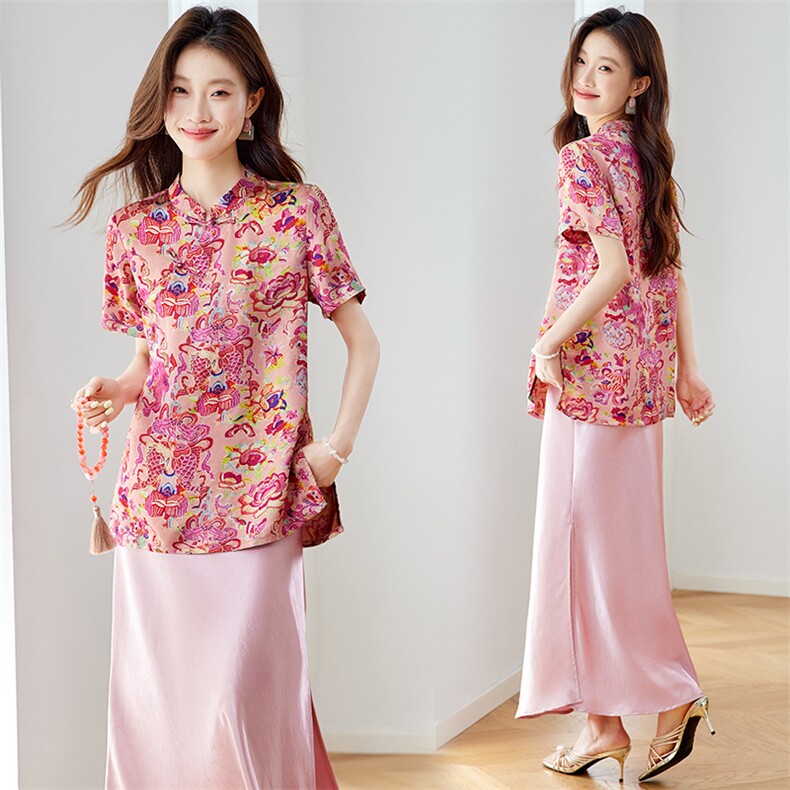 杭州真丝香云纱新中式女短袖上衣复古桑蚕丝醋酸半身裙，女装衬衫，新依时派