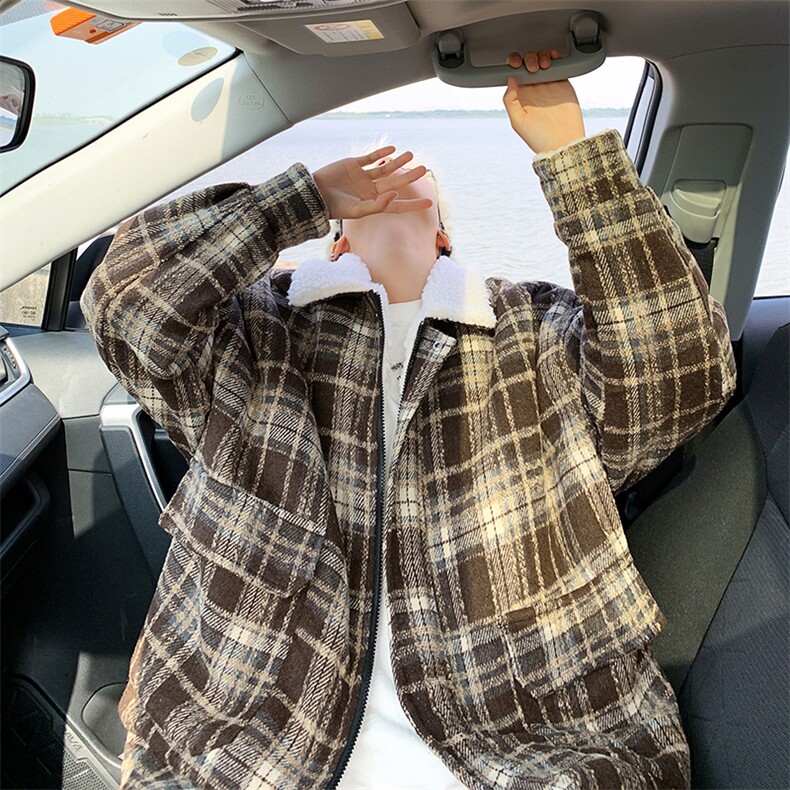 冬装加绒加厚保暖格子男士棉袄棉服情侣羊羔毛呢棉衣 M8002-P120图片