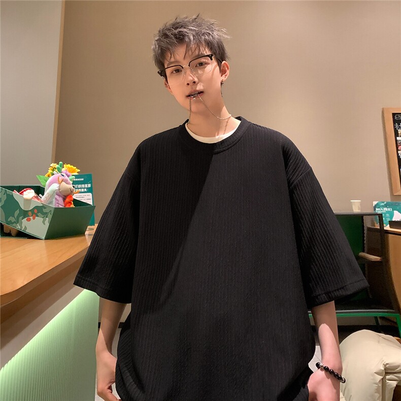 2026夏潮大码宽松短袖T恤半袖青少年条纹海魂衫T8601/P35黑色5,男装T恤,电商A094