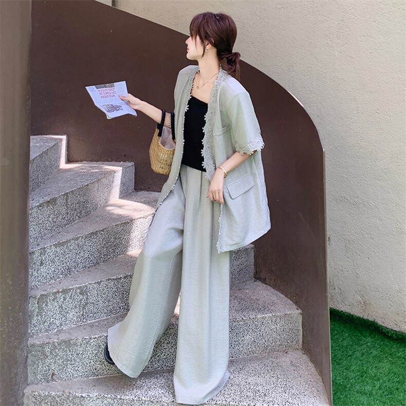 新款现货 蕾丝拼接韩系西装阔腿裤套装F630-P155-K228图片