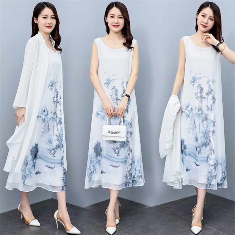 大码防晒衣女夏装新中长款雪纺披肩开衫外套时尚印花连衣裙两件套，女装套装/套裙，秀美人生