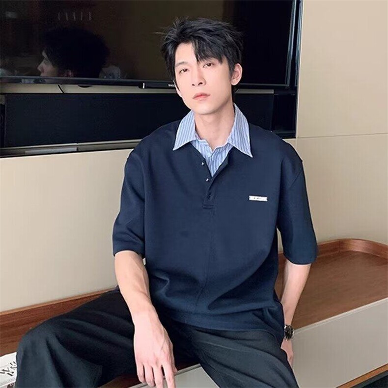 【有货】DT156-特P35设计感条纹翻领拼接假两件POLO衫男短袖夏季图片