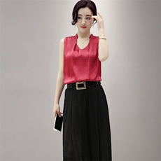 2020年夏季无袖套头圆领纯色中长款宽松褶皱两件套，女装套装/套裙，贵人树