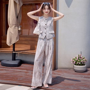 小香风套装女2025夏新款巨好看的松弛感老钱风亚麻无袖阔腿裤穿搭图片