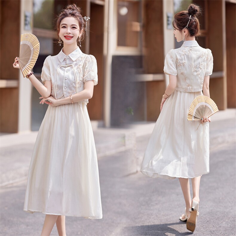 新中式国风半身裙套装女2024夏季新款设计感重工刺绣连衣裙两件套，女装套装/套裙，瑶迪依秀