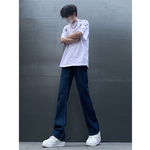 春夏主推大码黑色毛边破洞微喇黄泥牛仔裤直筒裤K10-P50