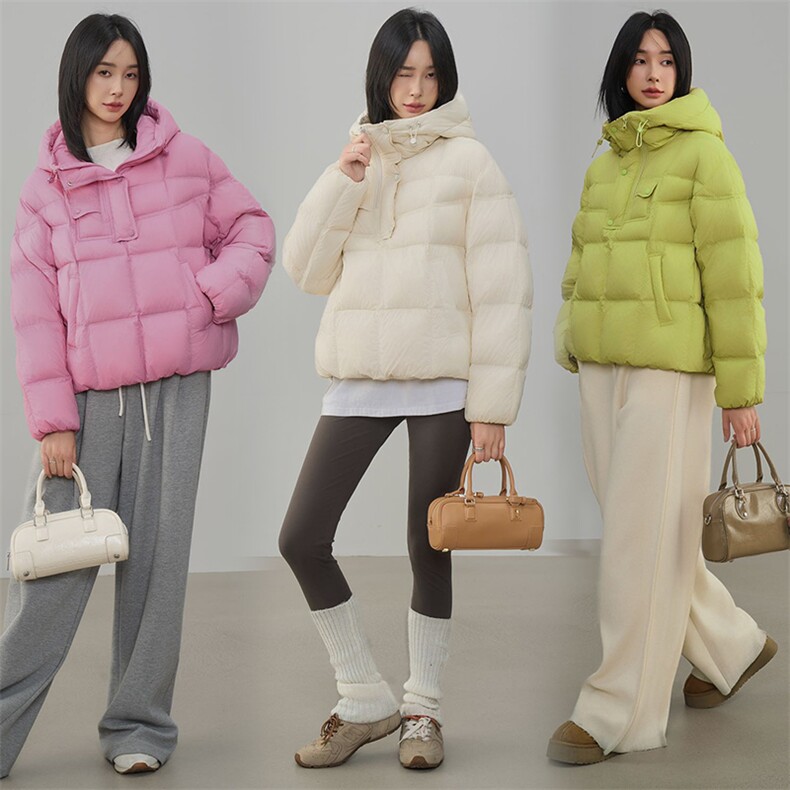 现货2025年冬季新款90白鸭羽绒休闲风套头羽绒服女外套，女装羽绒服，阳光伊恋