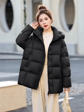 2025冬装新款简约时尚中长款连帽休闲羽绒服，女装羽绒服，美沁