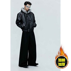 现货冬季美式潮牌痞帅PU皮机车服棉衣毛毛绒狼王座山雕皮棉服，男装棉衣，电商A443