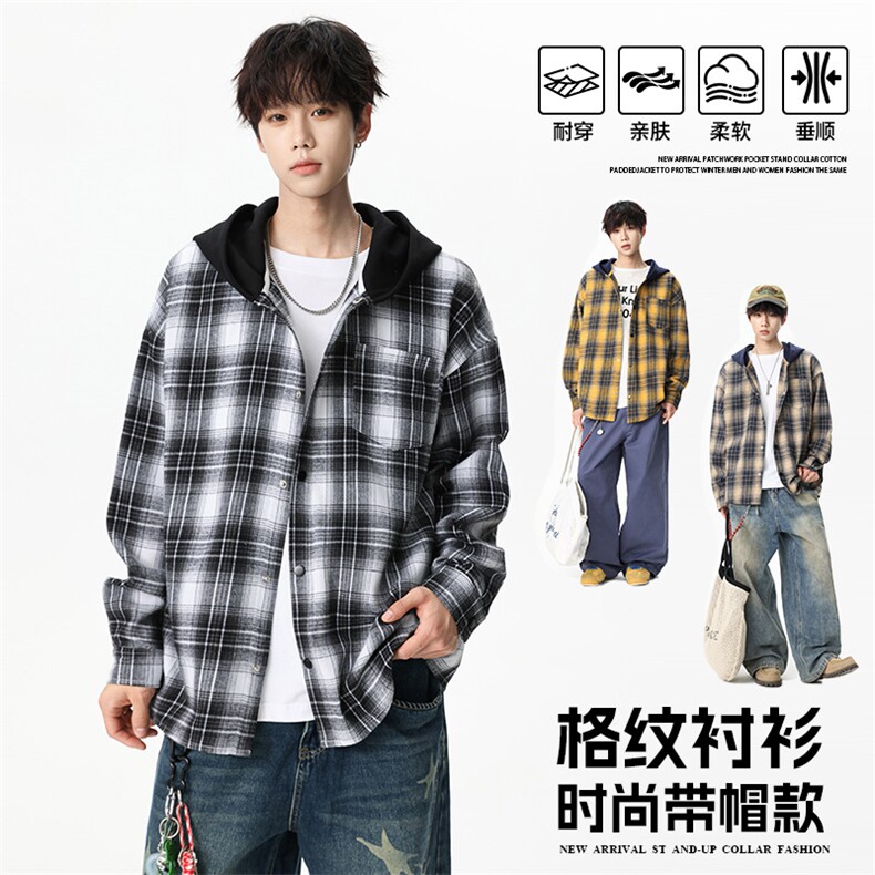 2025秋季新款百搭复古格子连帽棉质衬衫青少年长袖衬衣HH9171图片