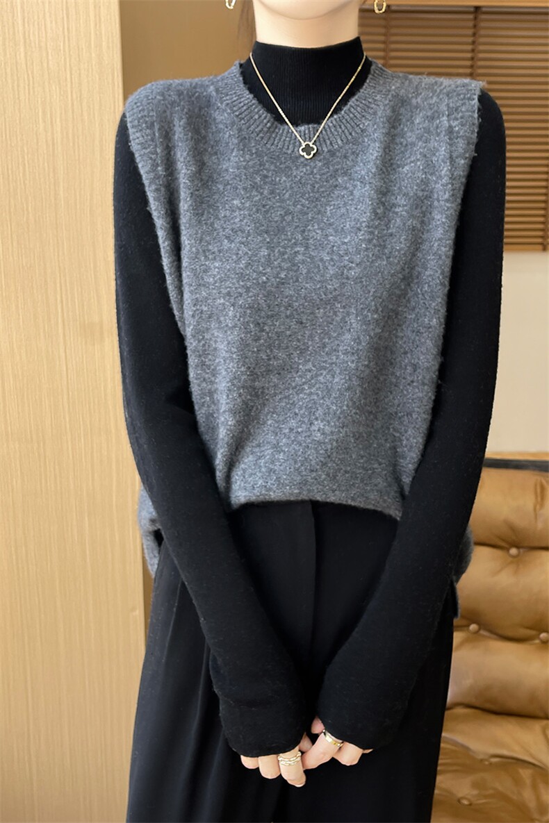 羊毛针织马甲女背心秋冬新款叠穿马夹圆领开叉无袖毛衣坎肩,女装马甲,越洋羊