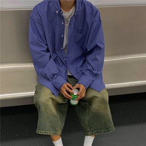 24美式复古蓝色格子长袖衬衫中性宽松绣花衬衫外套男女 H993 P58图片