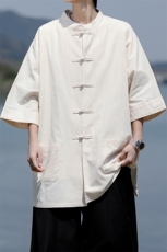 8XL-M新中式衬衫男中山装麻棉风复古中袖衬衣唐装CS527P60，男装衬衫，电商D206-1