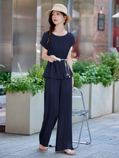 时尚休闲圆领上衣阔腿裤两件套女2025新款收腰显瘦夏日搭配一整套，女装套装/套裙，涵墨
