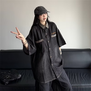 小众设计美式豹纹拼接牛仔短袖T恤衬衫女复古街头做旧外套图片