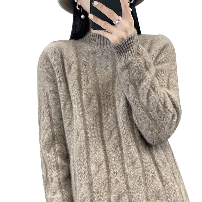 重磅加厚100%纯羊毛衫女半高领麻花毛衣宽松慵懒风羊绒针织打底衫,女装羊绒衫,琳华羊绒