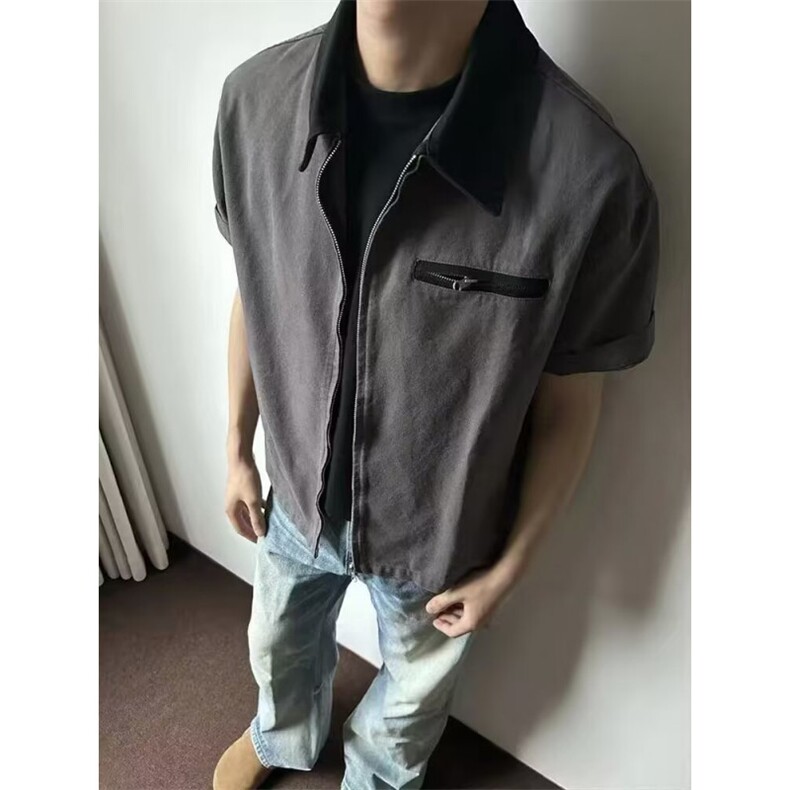 美式复古卡哈特工装正肩短袖衬衫外套男夏季简约高级衬衣夹克,男装T恤,星座506A