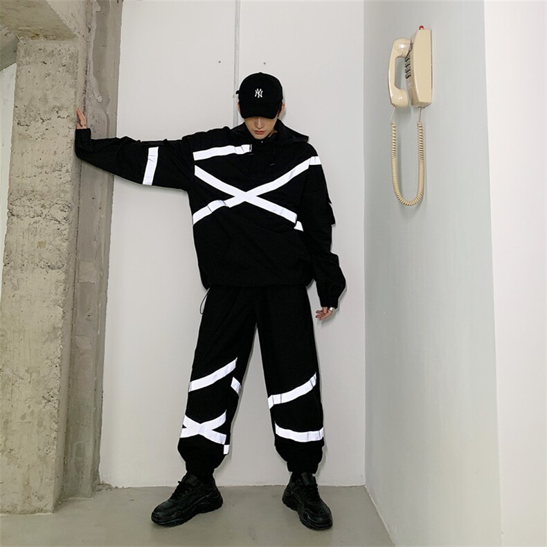 反光套装个性街头潮流套头连帽上衣束脚长裤两件套A452-1983，男装套装，电商A452