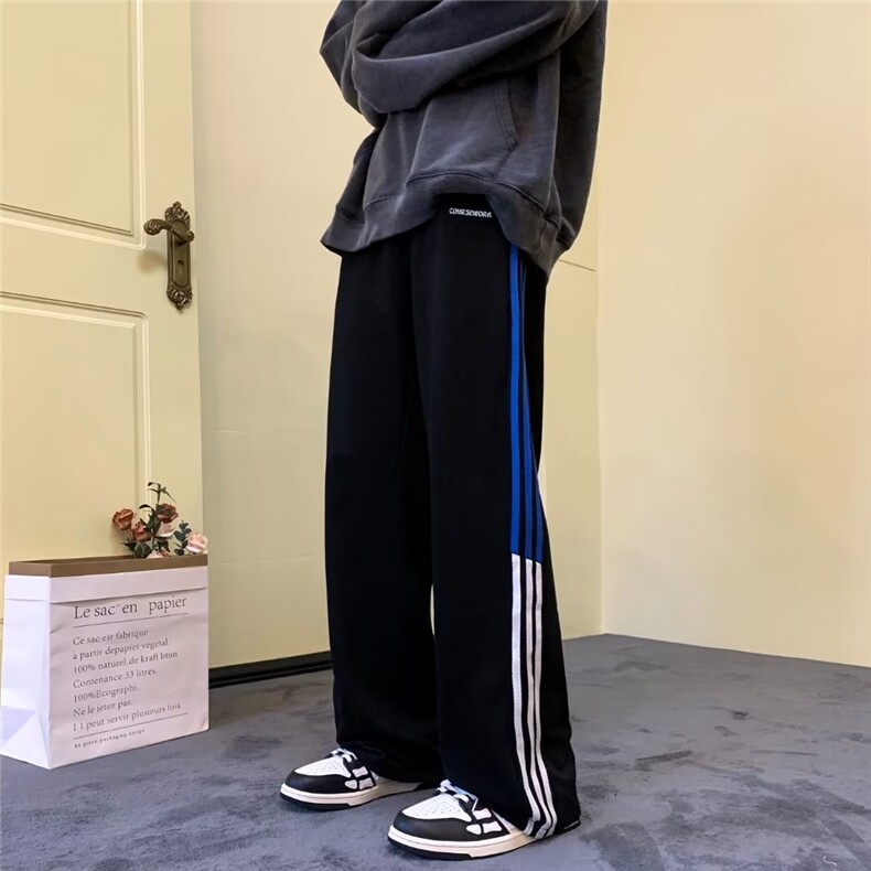 美式休闲裤男秋季新款侧边三条杠宽松显瘦抽绳卫裤高腰拖地长裤子,男装休闲裤,四季星座218-1