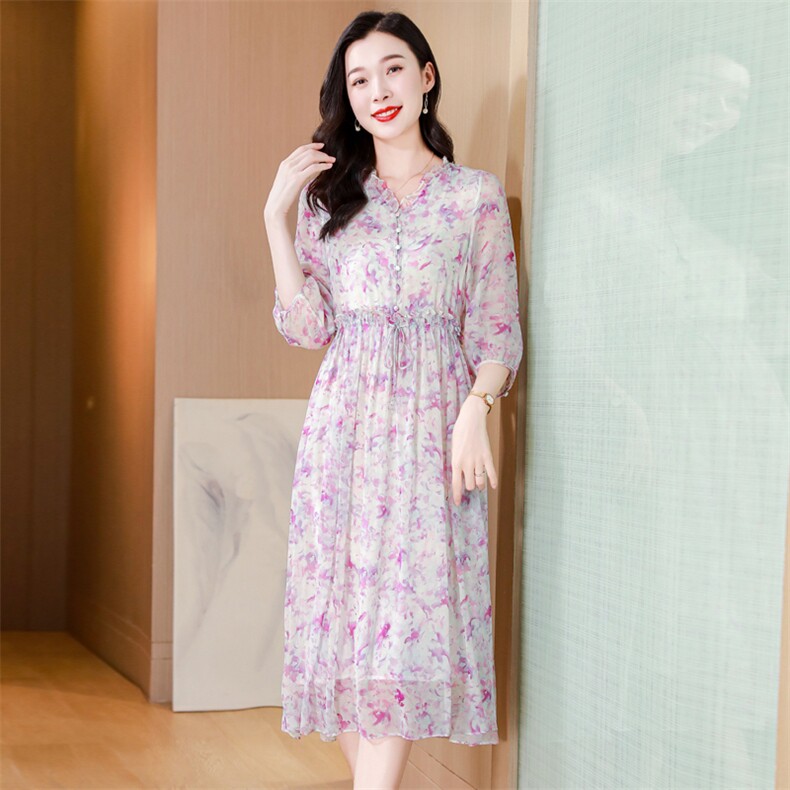 真丝连衣裙2025夏季新款大码女装衣服桑蚕丝高端精致气质碎花裙子,女装连衣裙,阿舍尔精品