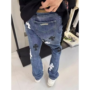 新款潮十字架梵文贴皮水洗牛仔裤男女宽松高街直筒长裤AMS31 P68图片