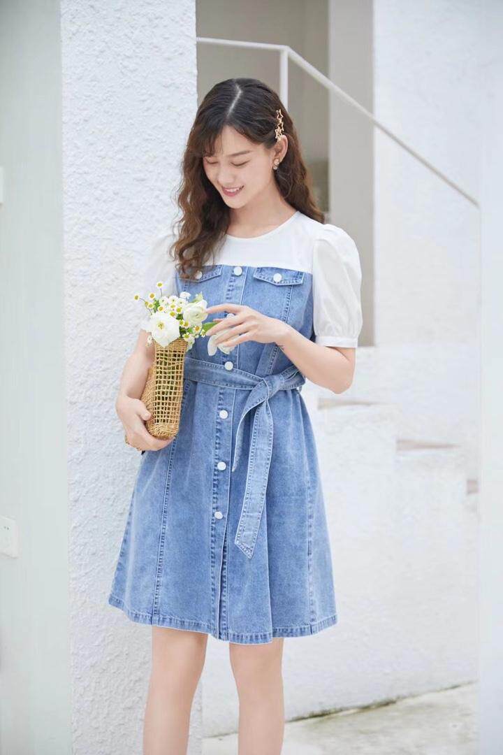 双拼牛仔连衣裙，女装连衣裙，慕尚依依