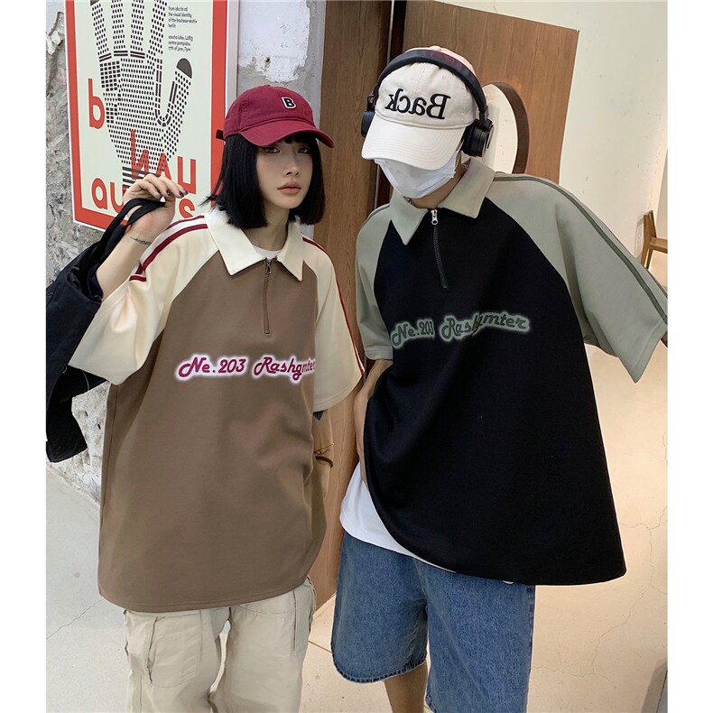 情侣装夏季新款潮字母印花拼接撞色POLO衫学院宽松T恤D273P48,男装T恤,电商A335-1（原A458）