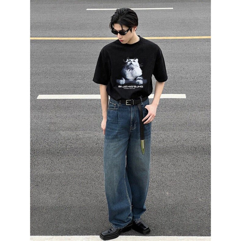 黑色猫咪印花落肩短袖男美式潮牌重磅纯棉t恤cleanfit情侣装半袖,男装T恤,星座809A(原222-1)