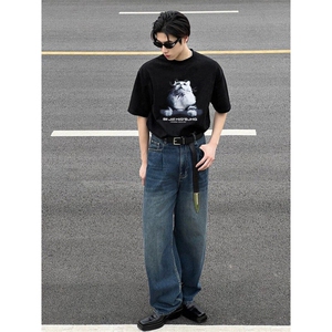 黑色猫咪印花落肩短袖男美式潮牌重磅纯棉t恤cleanfit情侣装半袖图片