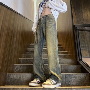 美式ins高街hiphop重工艺水洗微喇复古蓝牛仔裤货号K2320P55控78图片