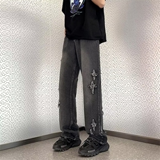 十字牛仔直筒裤男款夏季潮痞帅宽松百搭阔腿长裤子N07182-P45，男装牛仔裤，星座308B-1