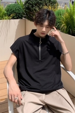 现货夏季薄款宽松宽肩无袖立领运动坎肩背心纯色拉链t恤BX08-P35，男装T恤，星座205-5