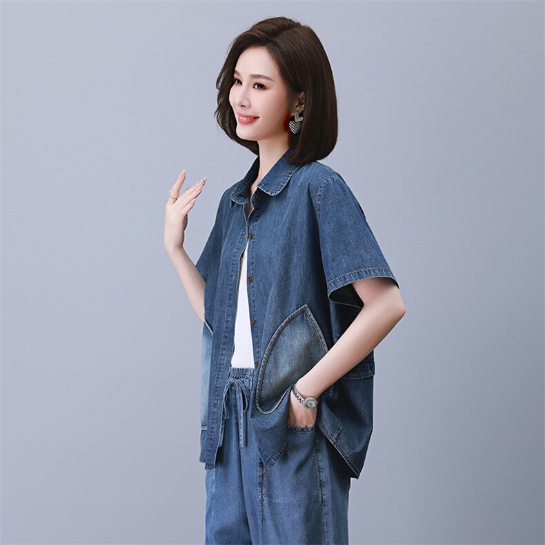2023夏季新款时尚气质翻领显瘦休闲舒适牛仔上衣,女装衬衫,独衣靓
