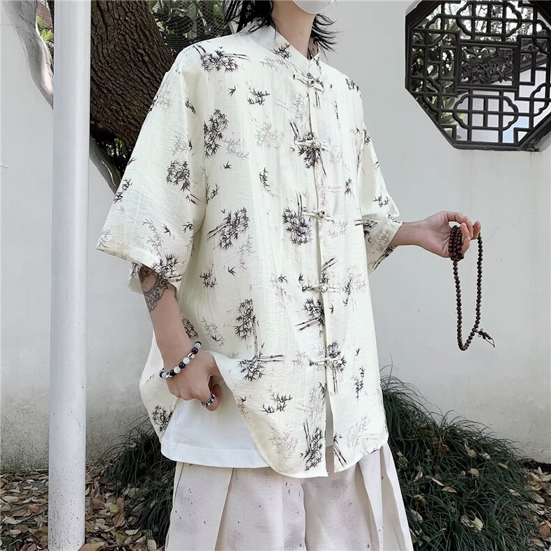 新中式风盘扣印花短袖衬衫棉麻衬衣男士潮上衣p45,男装衬衫,星座1013