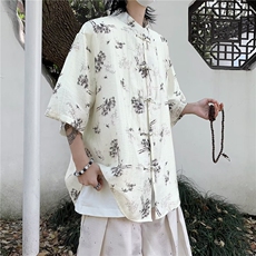 新中式风盘扣印花短袖衬衫棉麻衬衣男士潮上衣p45，男装衬衫，星座1013