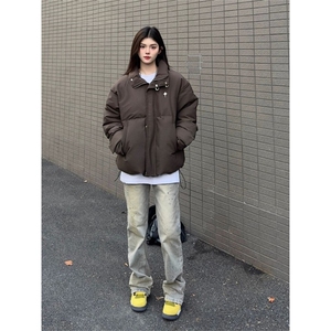美式复古加厚棉衣2025冬季金属扣立领棉服女宽松百搭外套图片
