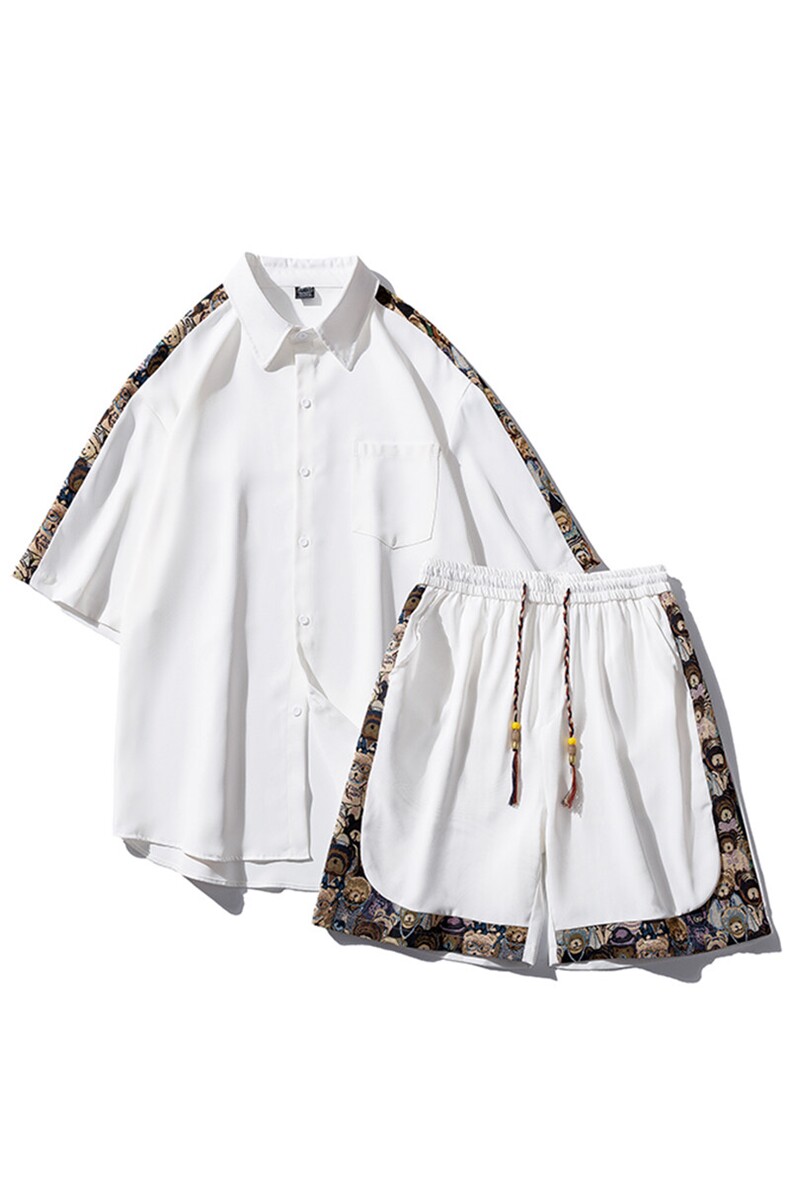 1小熊短袖衬衫男+短裤大码M-5XL套装92%聚酯纤维8%氨纶TZ77058P70,男装牛仔裤,星座226-2