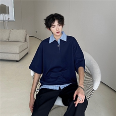 假两件短袖男款夏季潮牌衬衫拼接t恤美式学院风polo衫WB473-P37，男装T恤，星座412-3