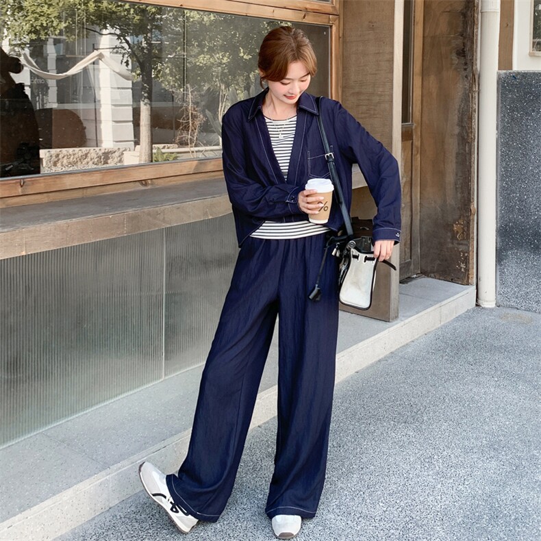 深蓝色淡人松弛感套装女2025秋季慵懒风上衣条纹背心阔腿裤三件套,女装套装/套裙,2C028