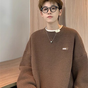 假两件圆领毛衣男生冬季加厚日系复古毛线衣打底假两件针织衫男士图片